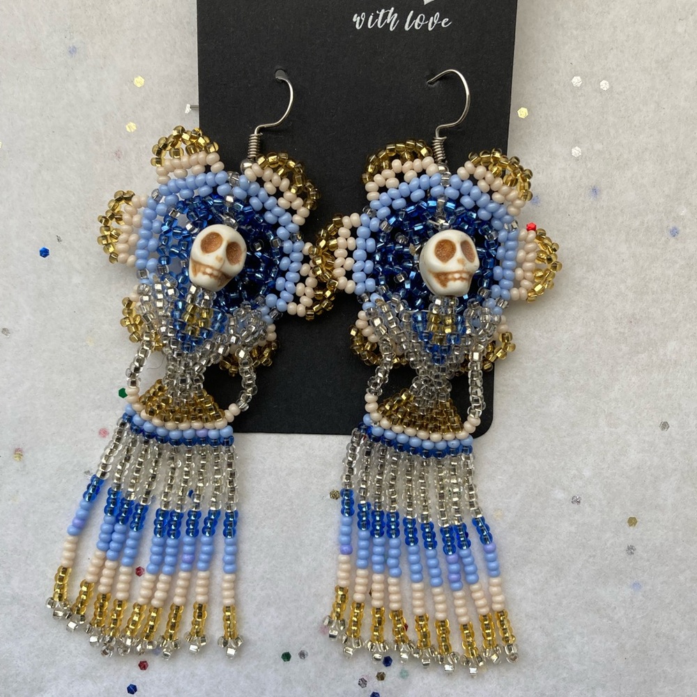 Beaded Skull Earrings with Gold and Blue Accents - Picture 5 of 5
